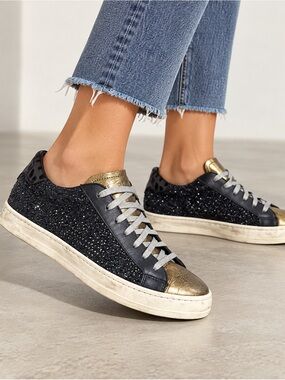 P448 John Glitter Sneakers 39 Black Gold Metallic Leather Low Top Shoes
